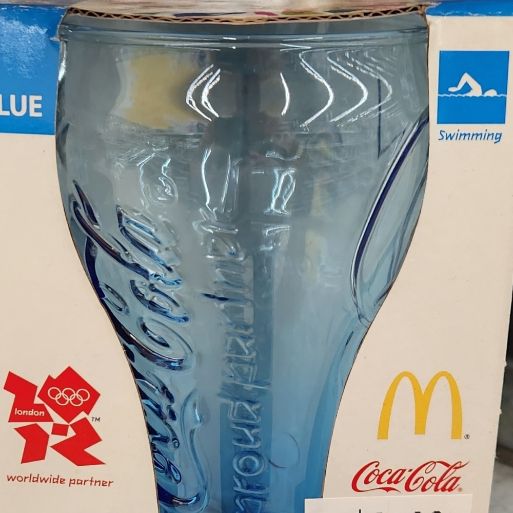 McDonald's Olympic Games 2012 Coca Cola Blue Tint Coke Glass Swimming NEW IN BOX